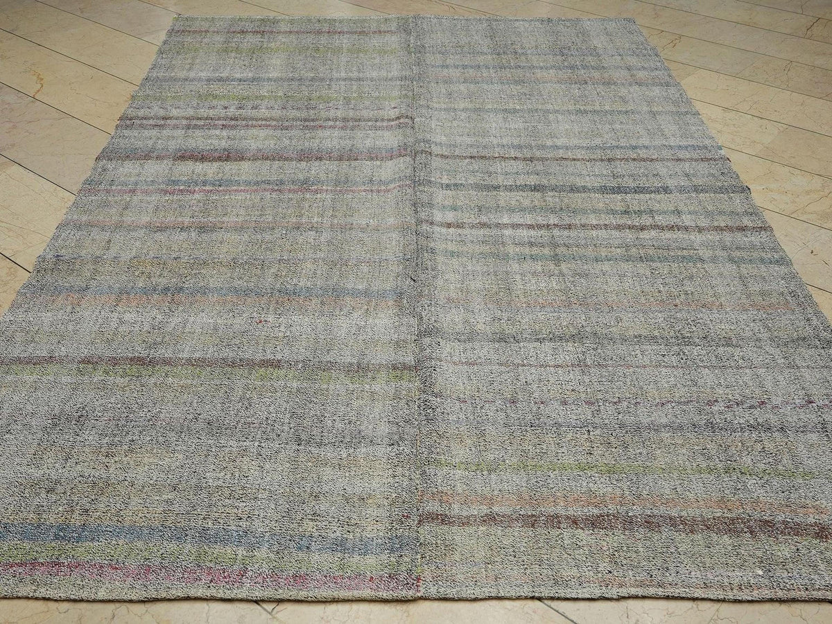 Vintage Turkish Kilim Rug: Minimalist Flat Weave, Modern Stripe (6,4x9,8 Feet)
