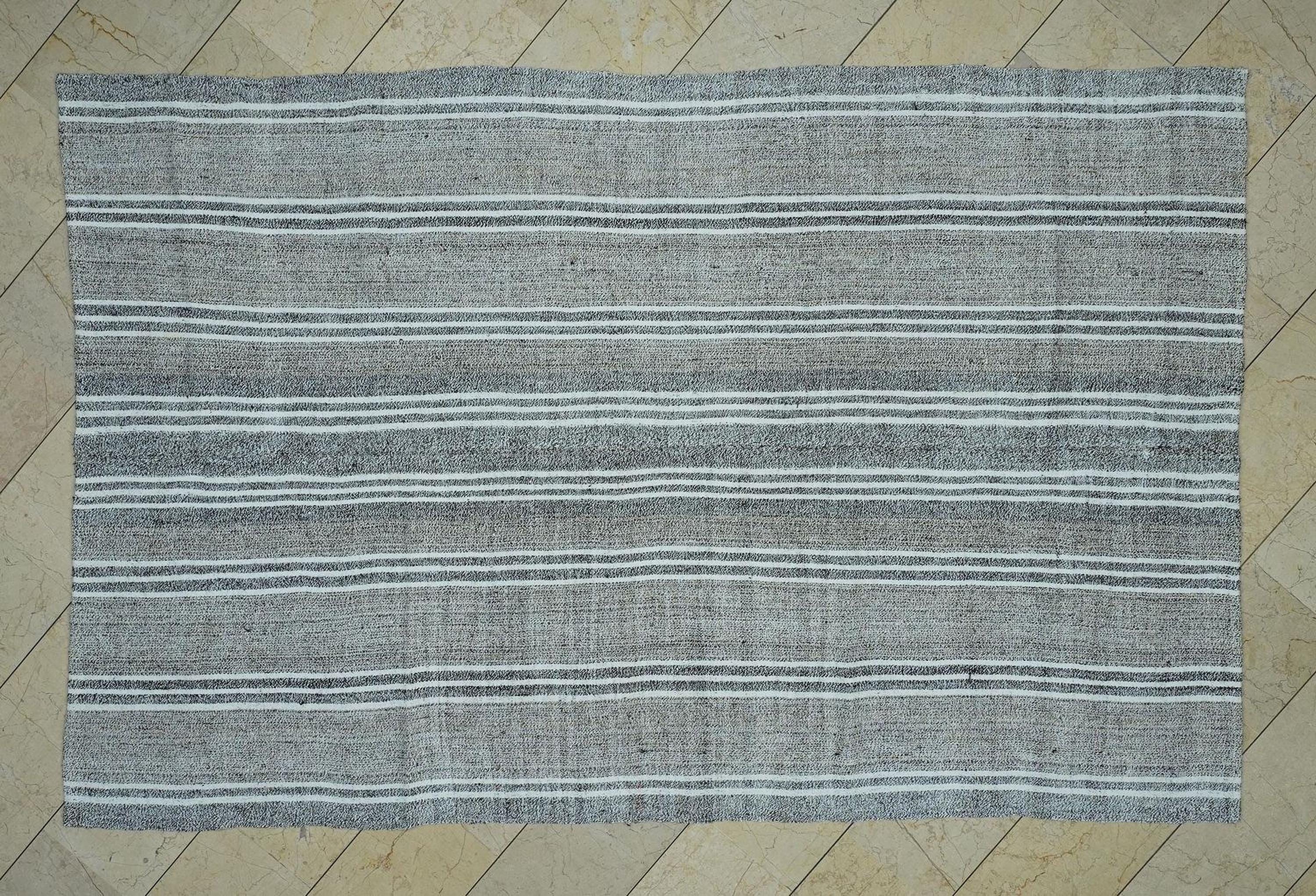 Vintage Turkish Kilim Rug: White Striped Gray Cotton & Goat Hair Rugs 6.1"x9.5" Feet.