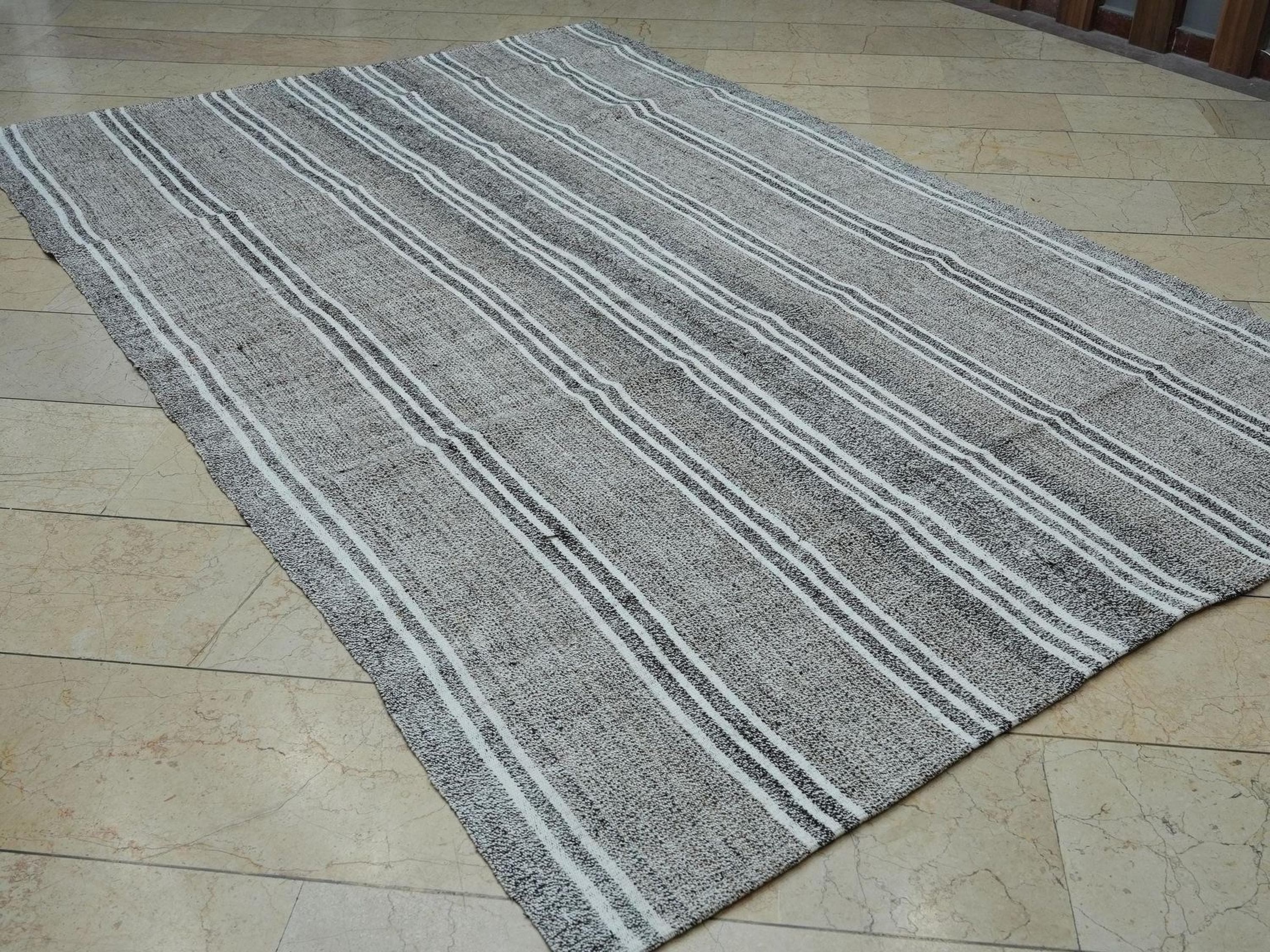 Vintage Turkish Kilim Rug: White Striped Gray Cotton & Goat Hair Rugs 6.1"x9.5" Feet.