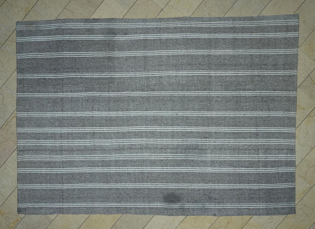 8x11 Mid Century Vintage White Striped Turkish Gray Kilim Rug.