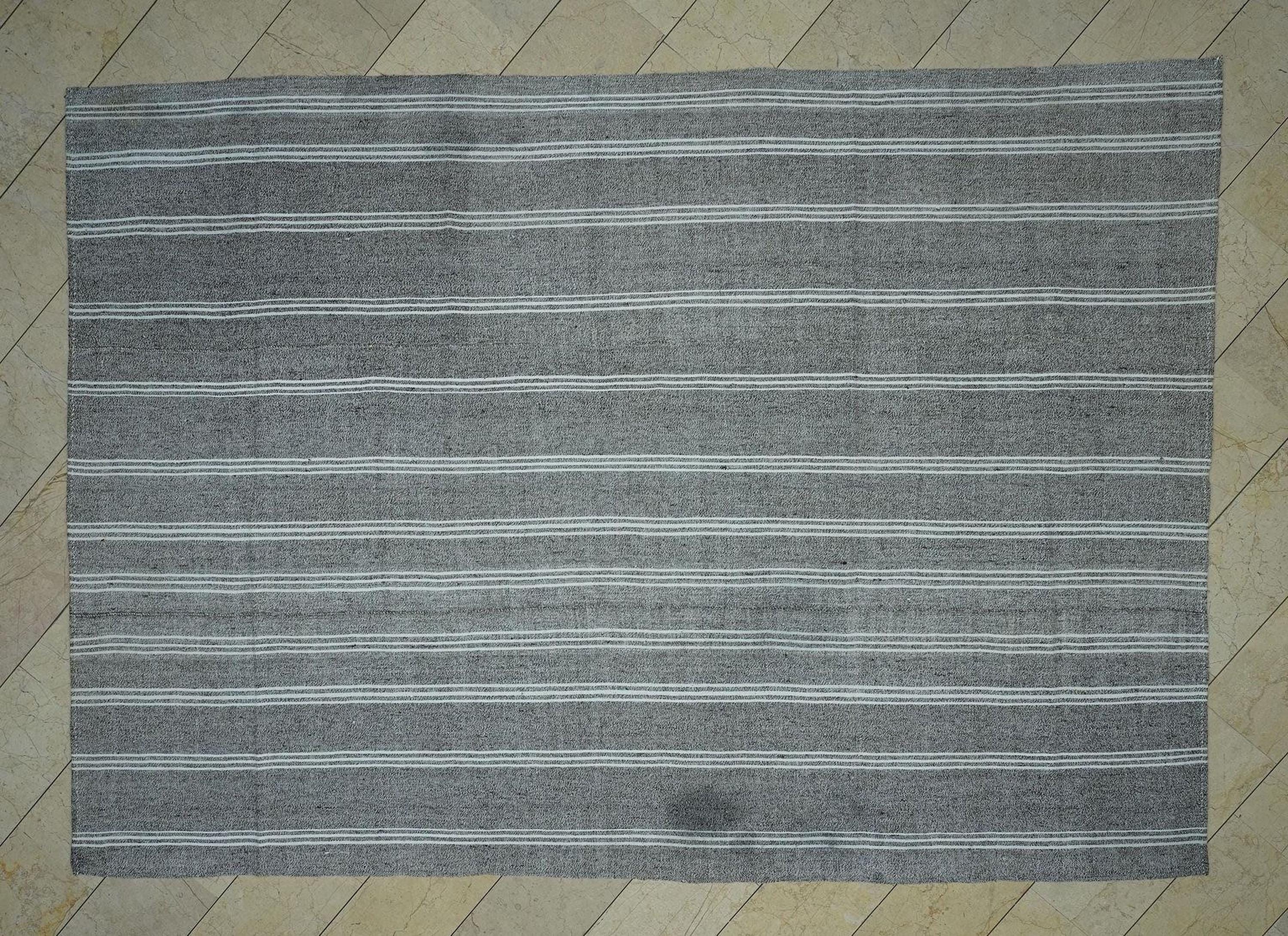 8x11 Mid Century Vintage White Striped Turkish Gray Kilim Rug.