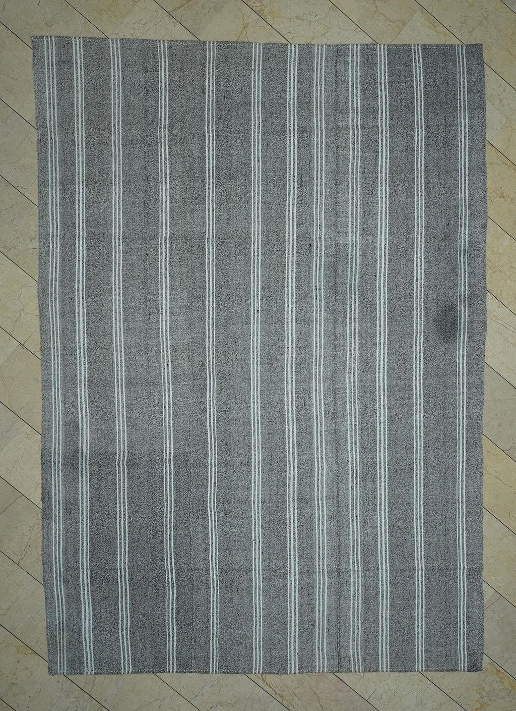 8x11 Mid Century Vintage White Striped Turkish Gray Kilim Rug.