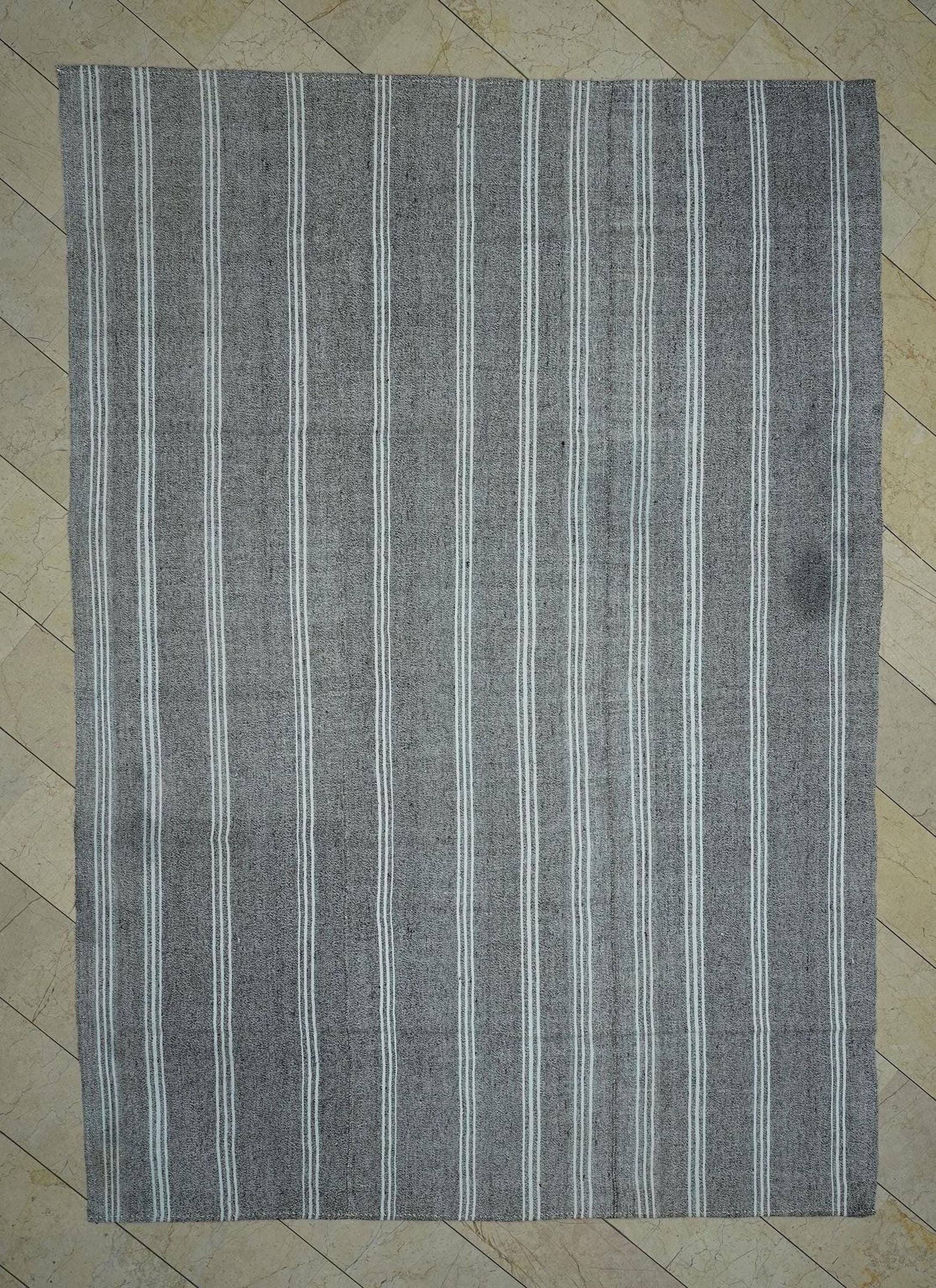 8x11 Mid Century Vintage White Striped Turkish Gray Kilim Rug.