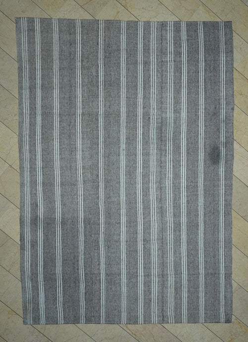8x11 Mid Century Vintage White Striped Turkish Gray Kilim Rug.