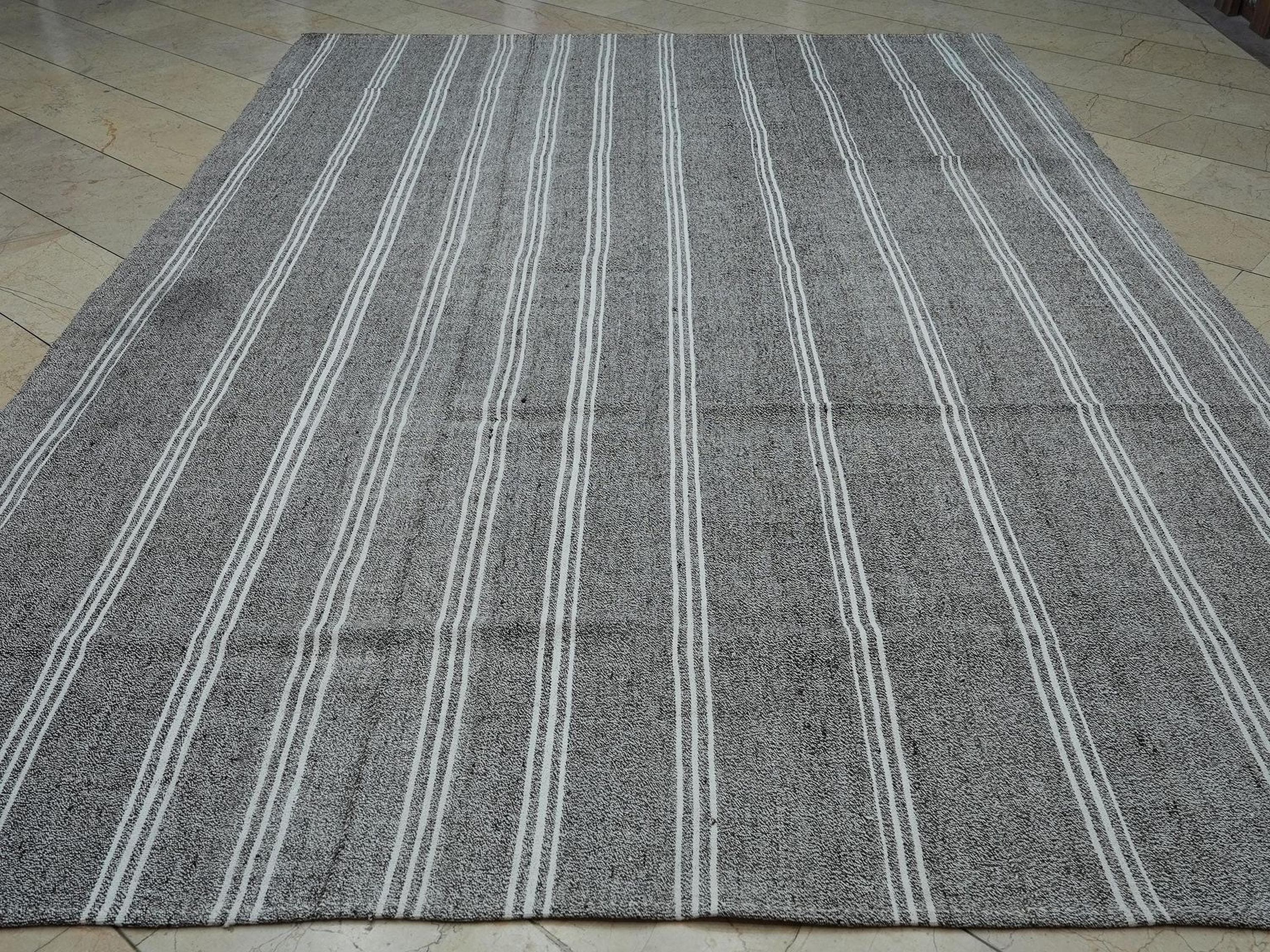 8x11 Mid Century Vintage White Striped Turkish Gray Kilim Rug.