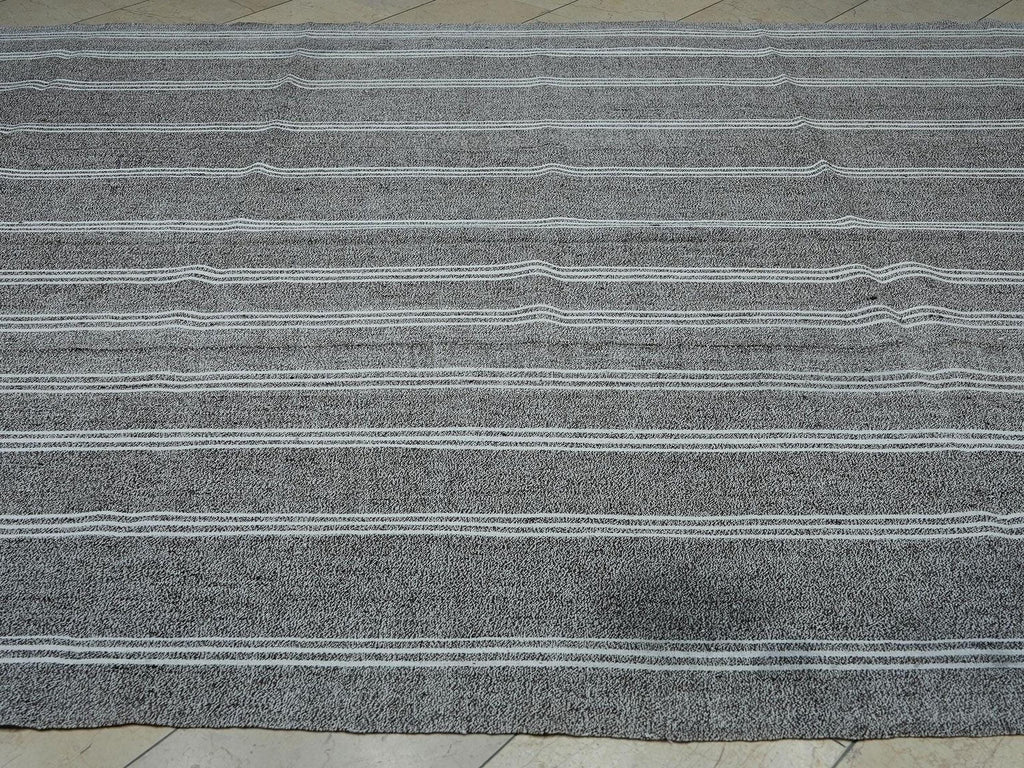 8x11 Mid Century Vintage White Striped Turkish Gray Kilim Rug.