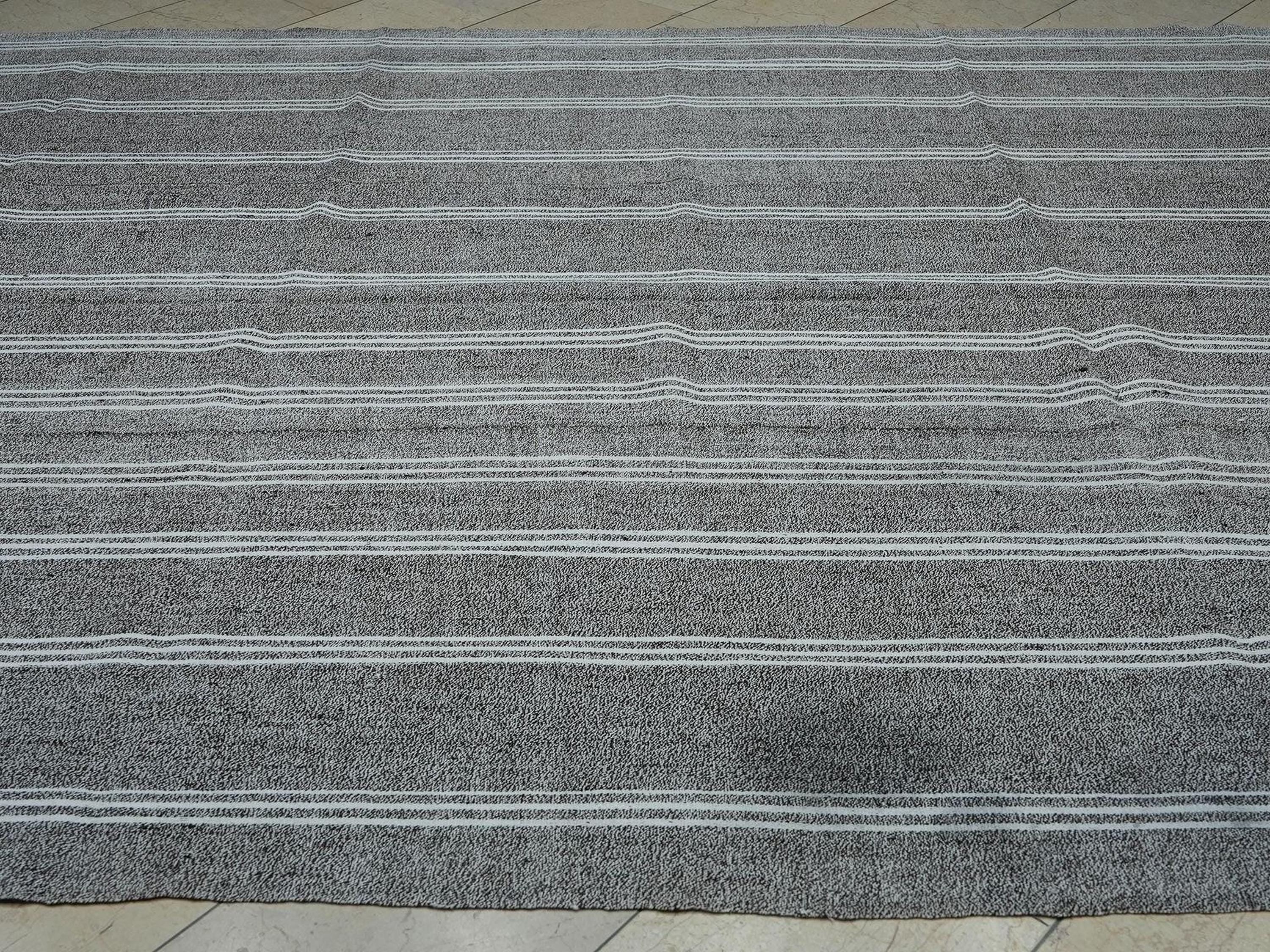 8x11 Mid Century Vintage White Striped Turkish Gray Kilim Rug.