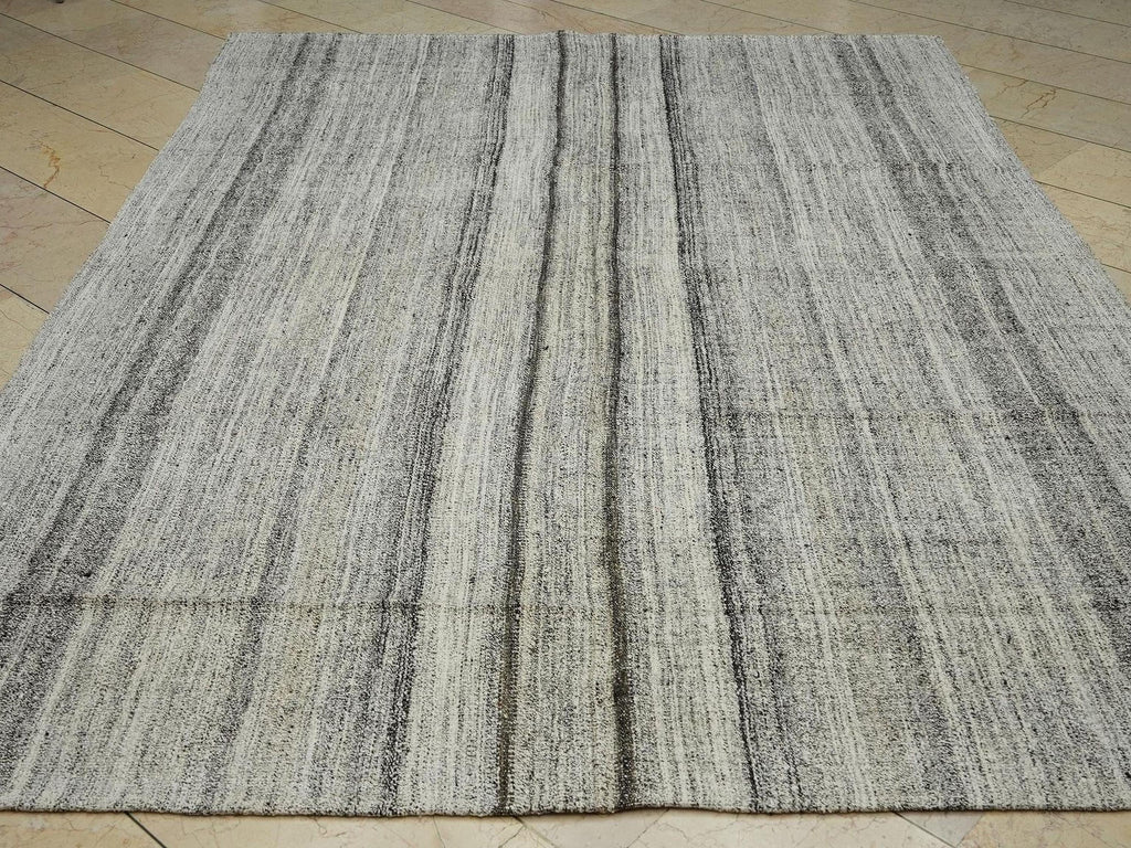 Handmade Turkish Kilim Rug (6.8x9.6 ft): Striped Gray & Black, Cotton Goat Hair Rugs.