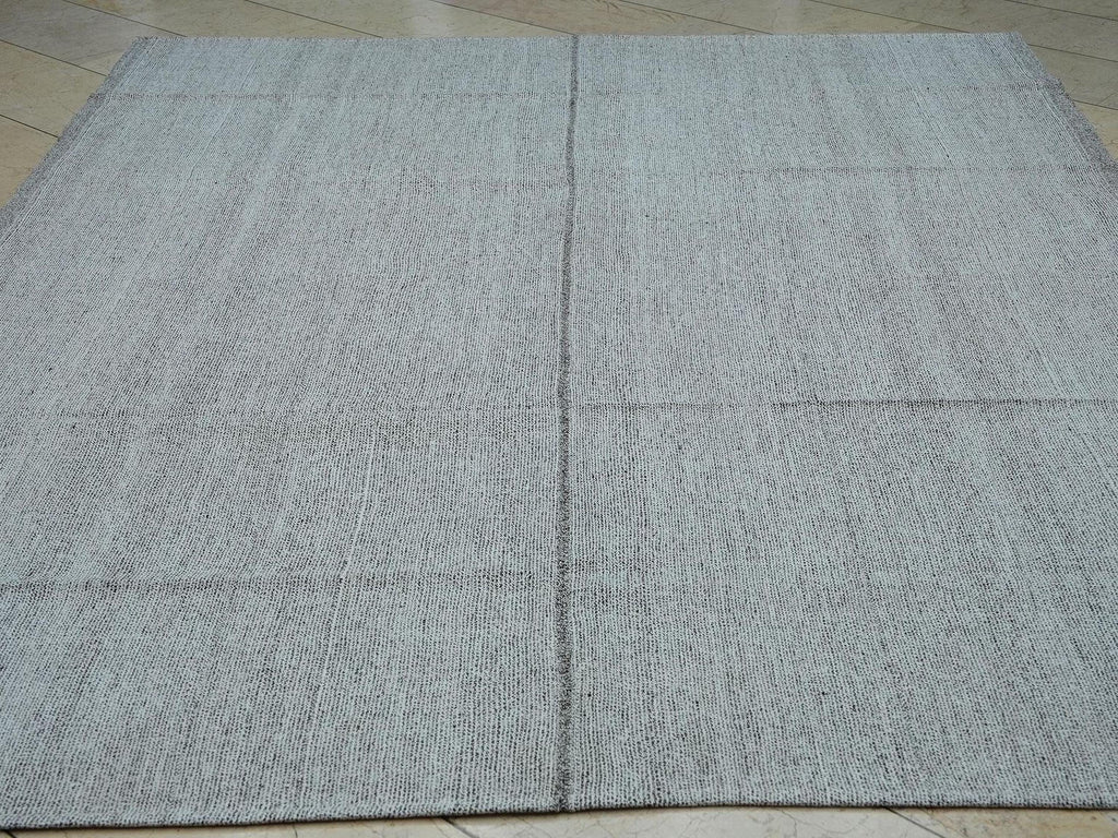 Mid Century Turkish Kilim Rug: 7x9 Grayish White Flat Weave Rugs.
