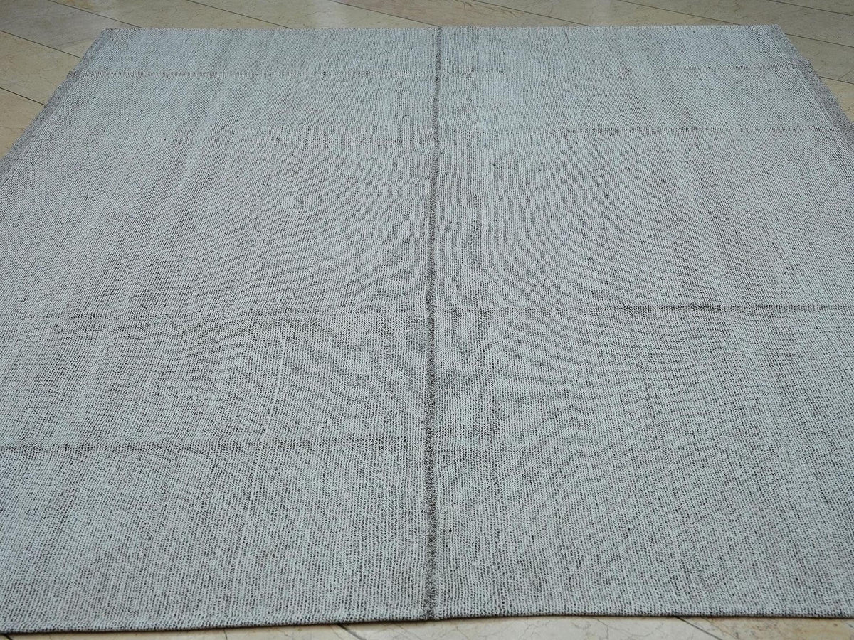 Mid Century Turkish Kilim Rug: 7x9 Grayish White Flat Weave Rugs.