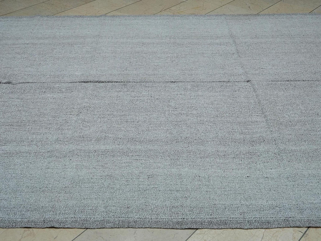 Mid Century Turkish Kilim Rug: 7x9 Grayish White Flat Weave Rugs.