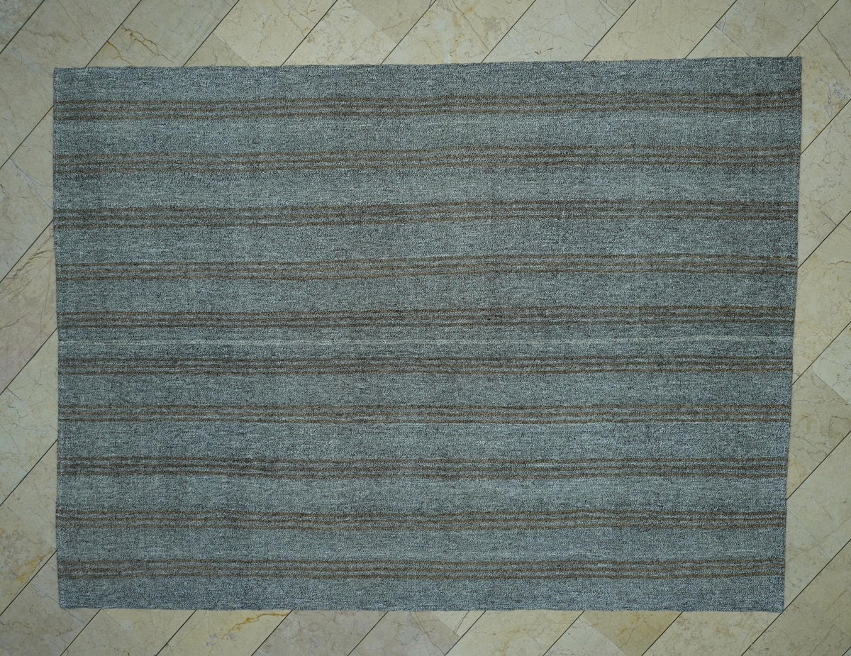 Vintage Turkish Kilim Rug: 8x10 Gray & Brown Stripe, Mid-Century Modern Rugs