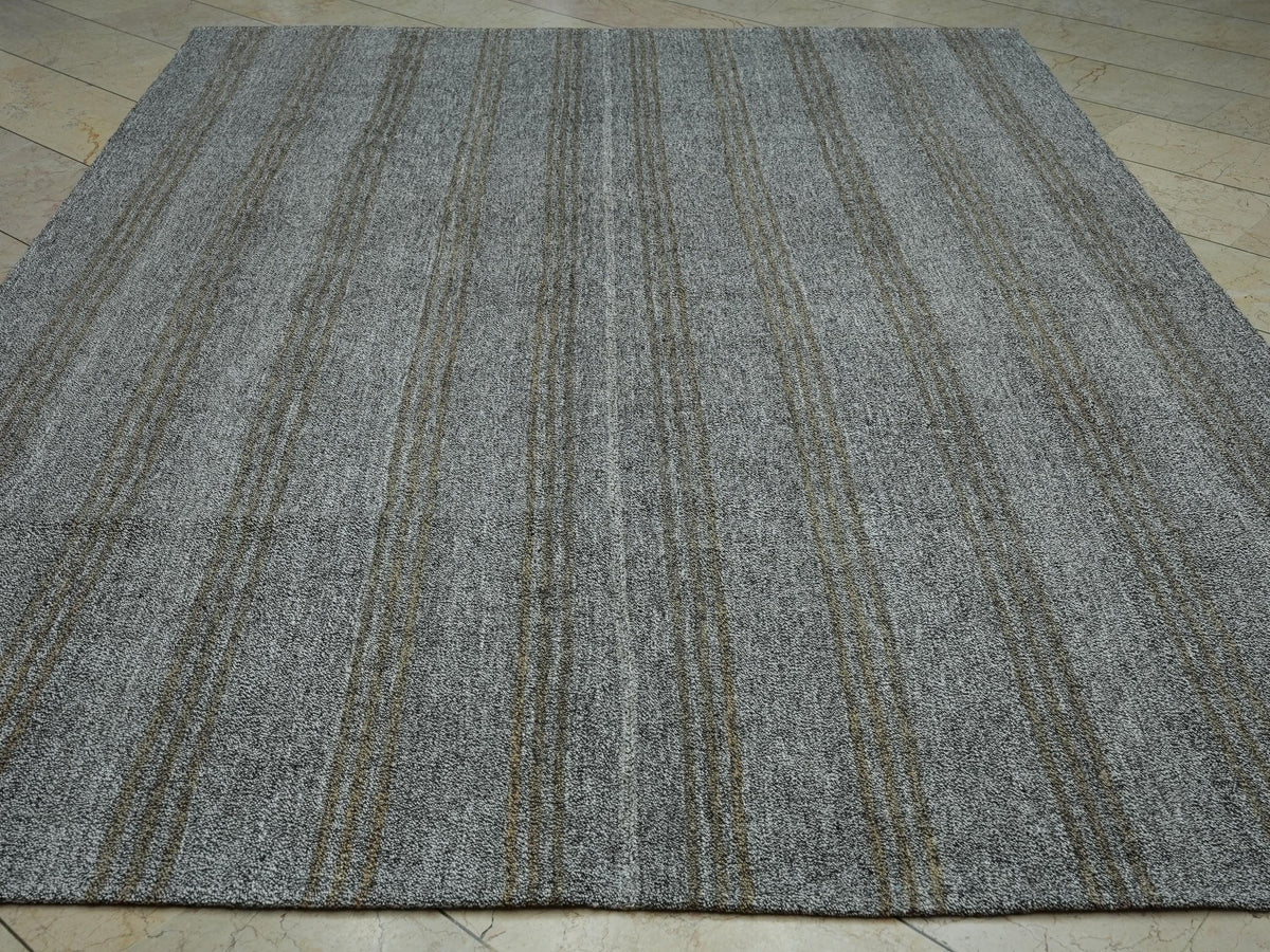 Vintage Turkish Kilim Rug: 8x10 Gray & Brown Stripe, Mid-Century Modern Rugs