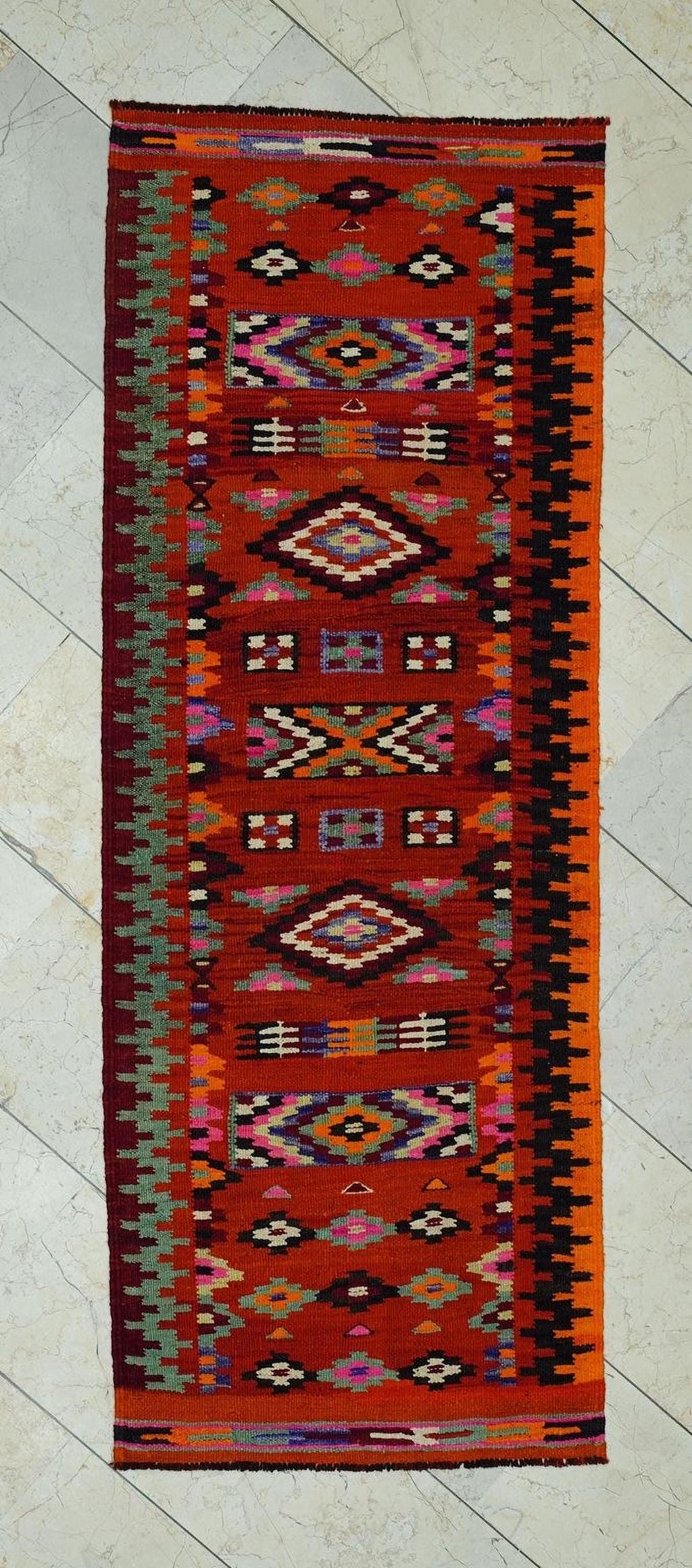 Orange Handmade Kilim Rug Runner: Wedding Gift Flat Weave Wool Rugs 2.4x6.6 ft.