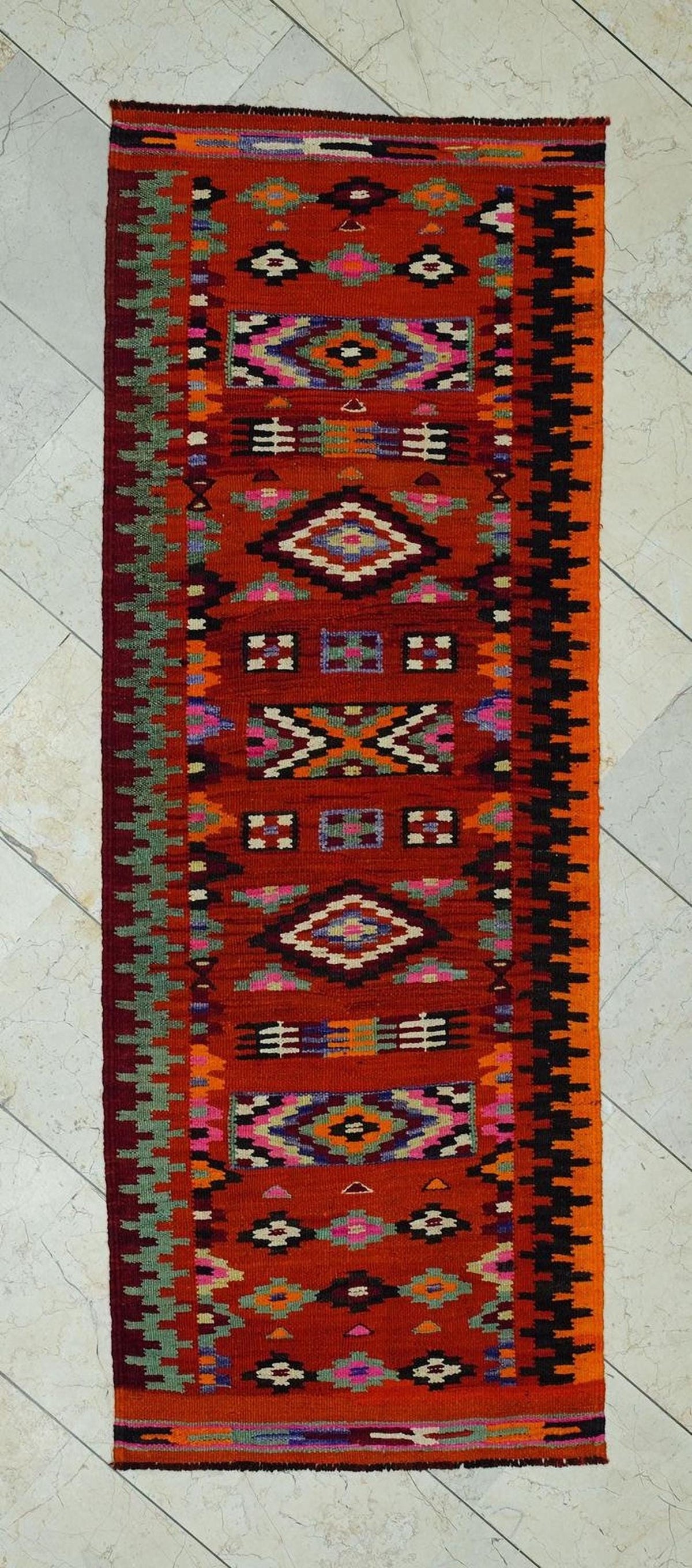 Orange Handmade Kilim Rug Runner: Wedding Gift Flat Weave Wool Rugs 2.4x6.6 ft.