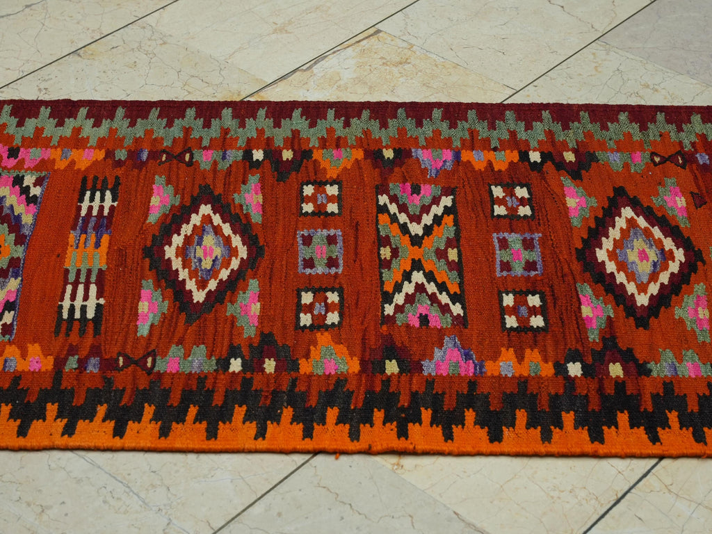 Orange Handmade Kilim Rug Runner: Wedding Gift Flat Weave Wool Rugs 2.4x6.6 ft.