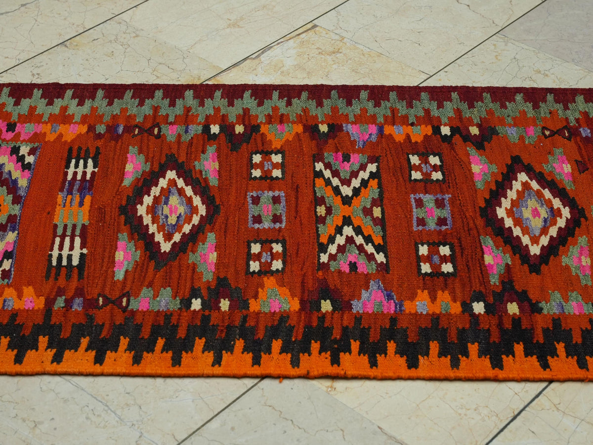 Orange Handmade Kilim Rug Runner: Wedding Gift Flat Weave Wool Rugs 2.4x6.6 ft.