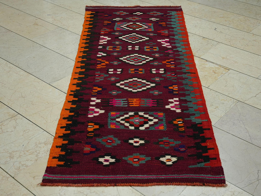 Small Size Handmade Kilim Rug Runner: 2.7x7 ft, Christmas Gift Rugs.
