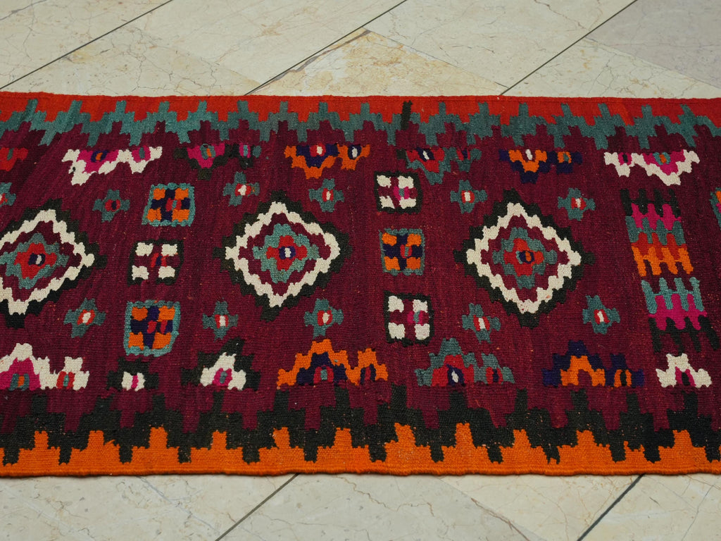 Small Size Handmade Kilim Rug Runner: 2.7x7 ft, Christmas Gift Rugs.