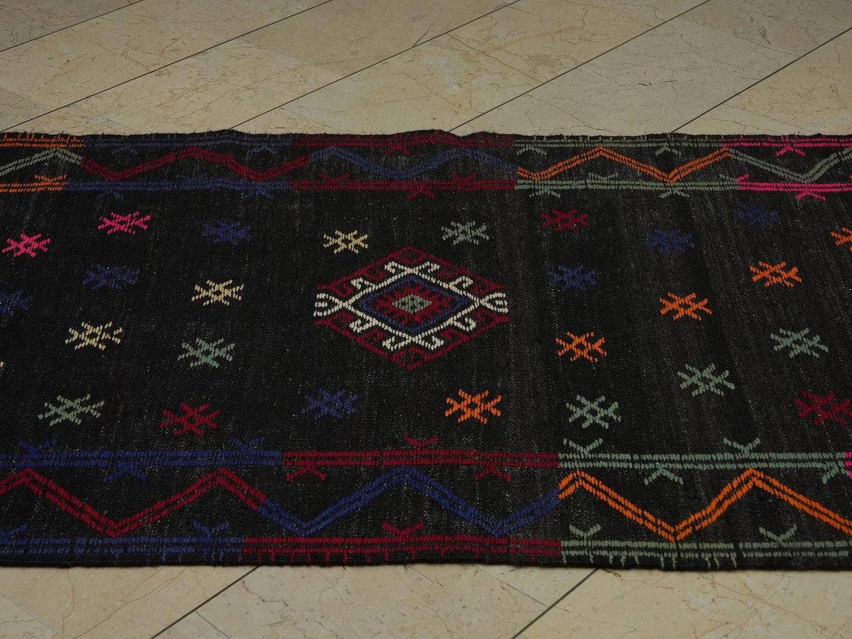 Handmade Kilim Rug Runner: 4x12 Wool Goat Hair, Vintage Turkish Decor