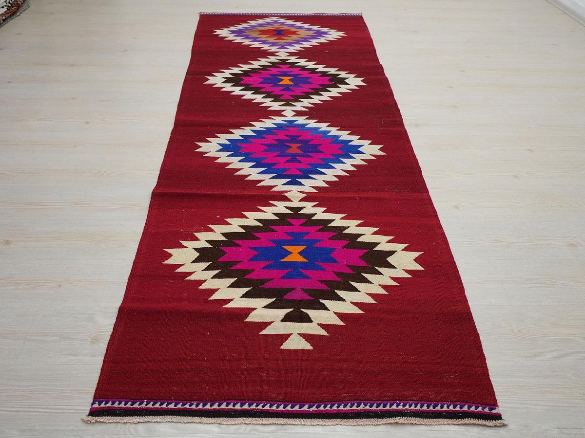Vintage Turkish Kilim Rug Runner: Red Pink Color Flat Woven Wool Rugs 3,4"x9,5"