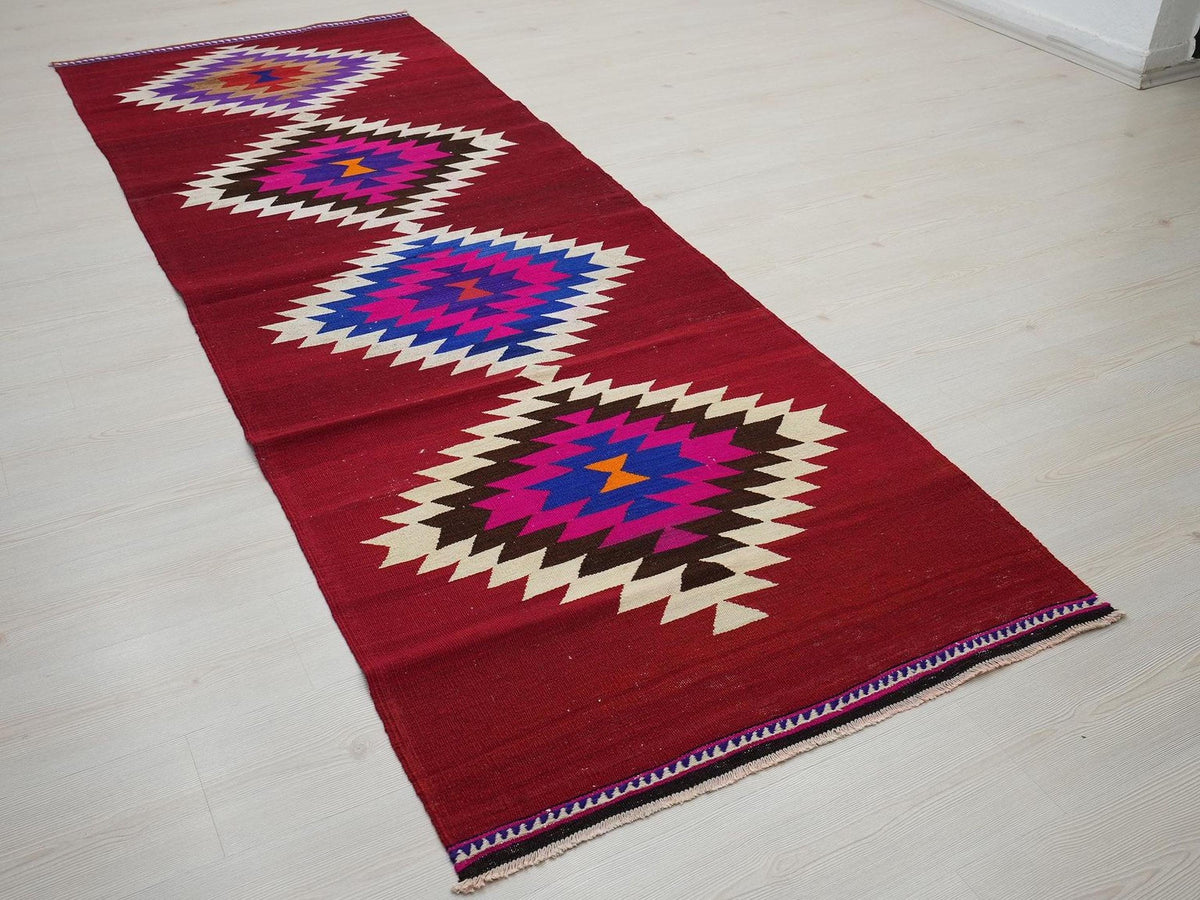 Vintage Turkish Kilim Rug Runner: Red Pink Color Flat Woven Wool Rugs 3,4"x9,5"