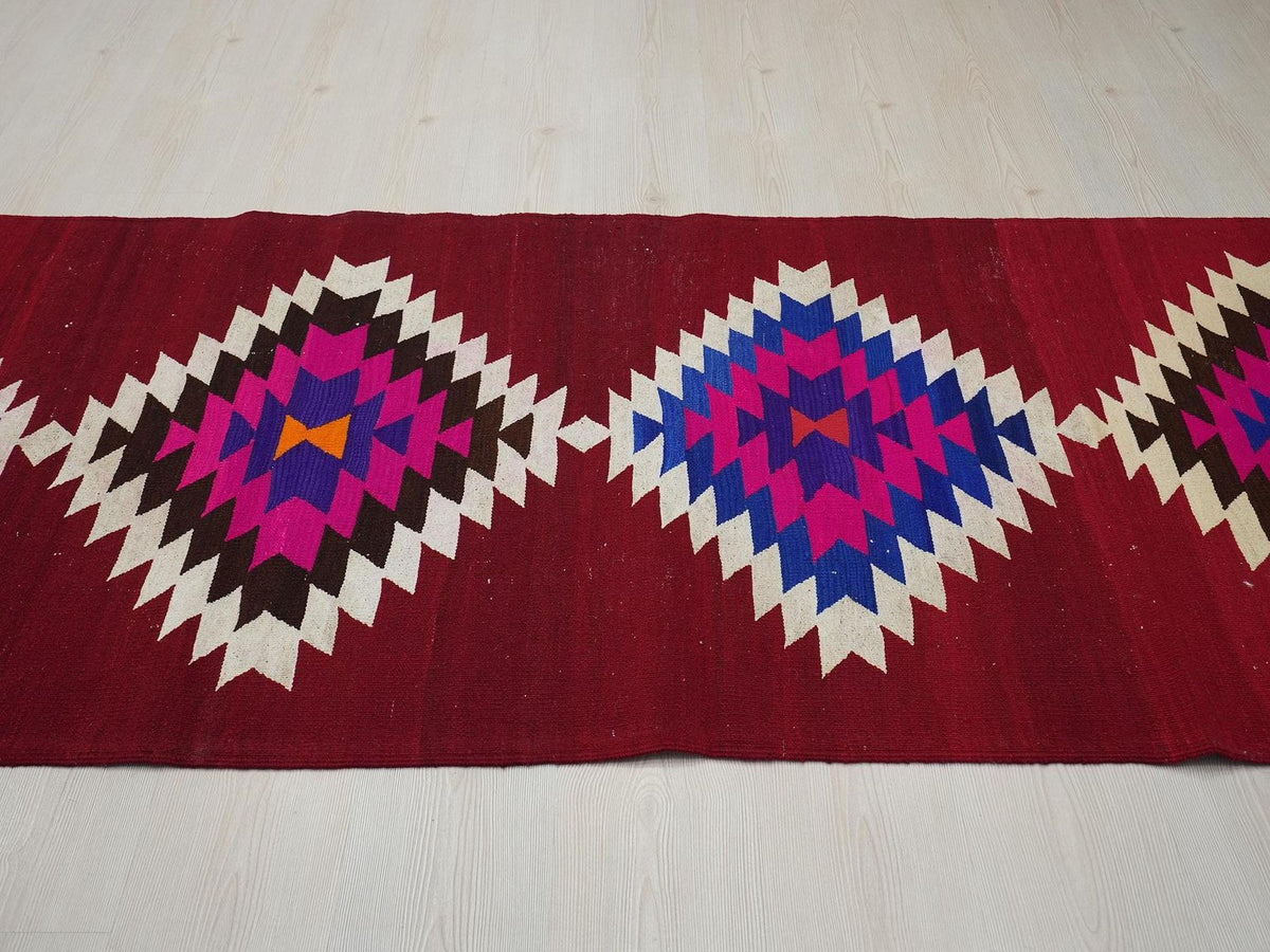 Vintage Turkish Kilim Rug Runner: Red Pink Color Flat Woven Wool Rugs 3,4"x9,5"