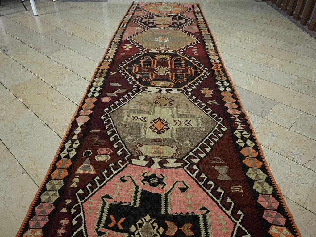 Extra Long Turkish Kilim Rug Runner: 4.6x17 ft, Primitive Pastel Wool Rugs.