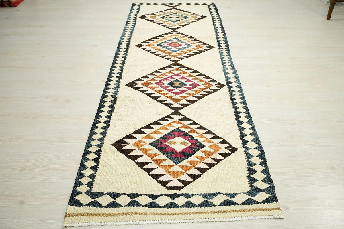 Handmade Turkish Kilim Rug Runner: Scandinavian Farmhouse Style Rugs, 3x9 ft.