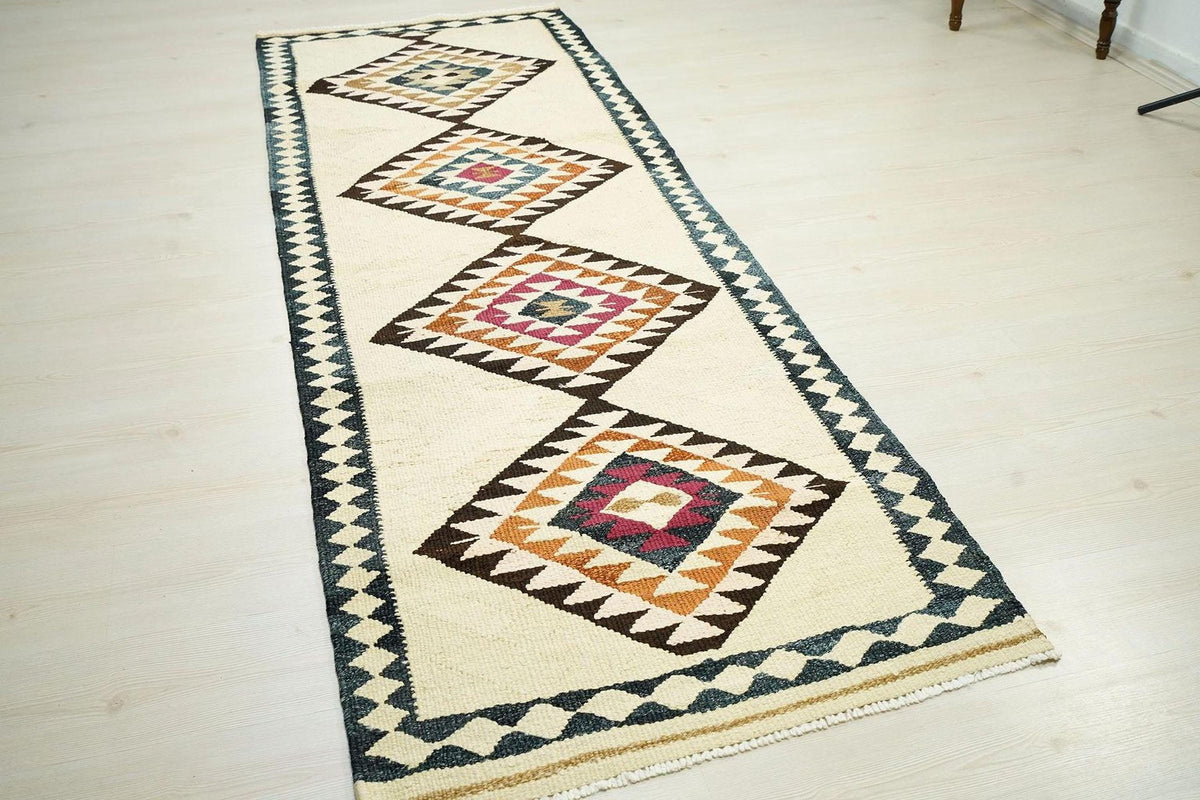 Handmade Turkish Kilim Rug Runner: Scandinavian Farmhouse Style Rugs, 3x9 ft.