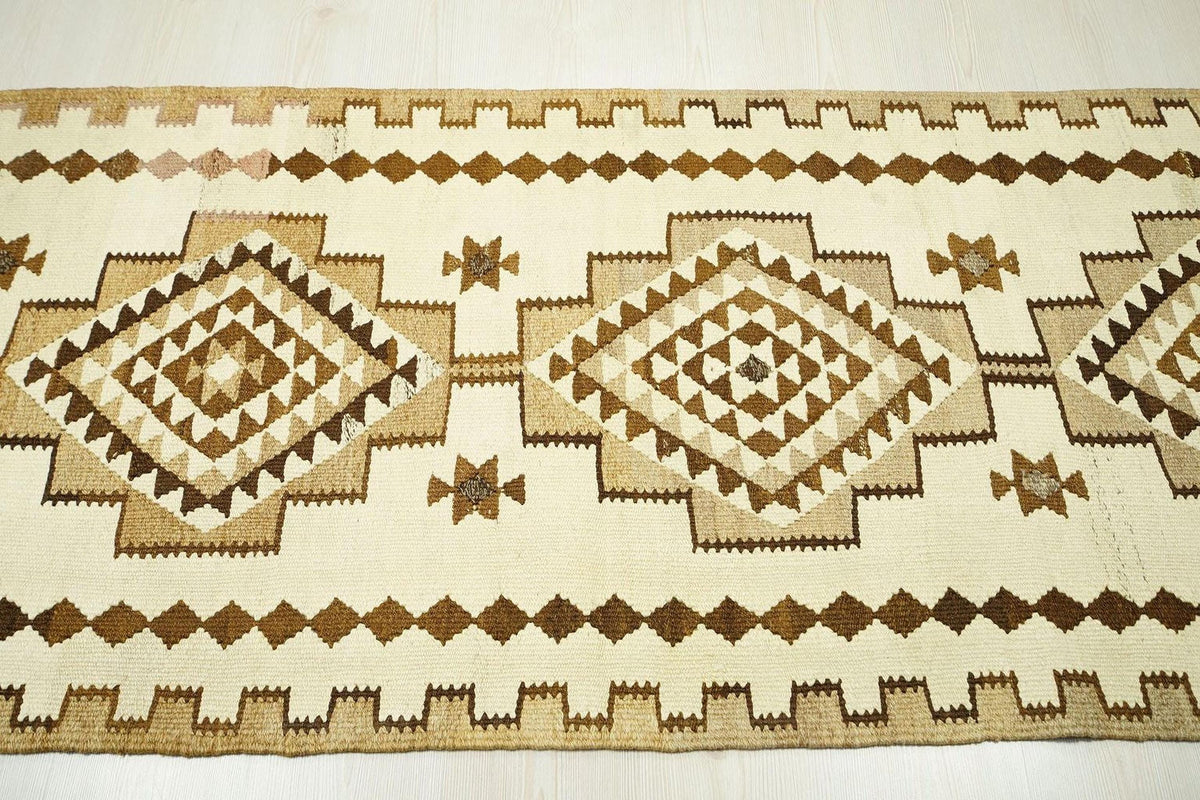 Vintage Kilim Rug Runner: Handwoven Wool, Brown & Cream Rugs, 3x9.4 ft.