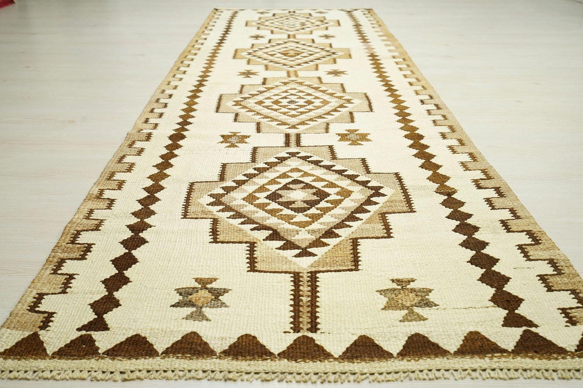 Vintage Kilim Rug Runner: Handwoven Wool, Brown & Cream Rugs, 3x9.4 ft.
