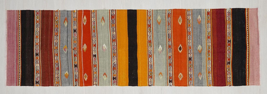 Minimalist Stripe Antique Kilim Rug Runner: Turkish Wool Rugs 2,5x8,4 Ft