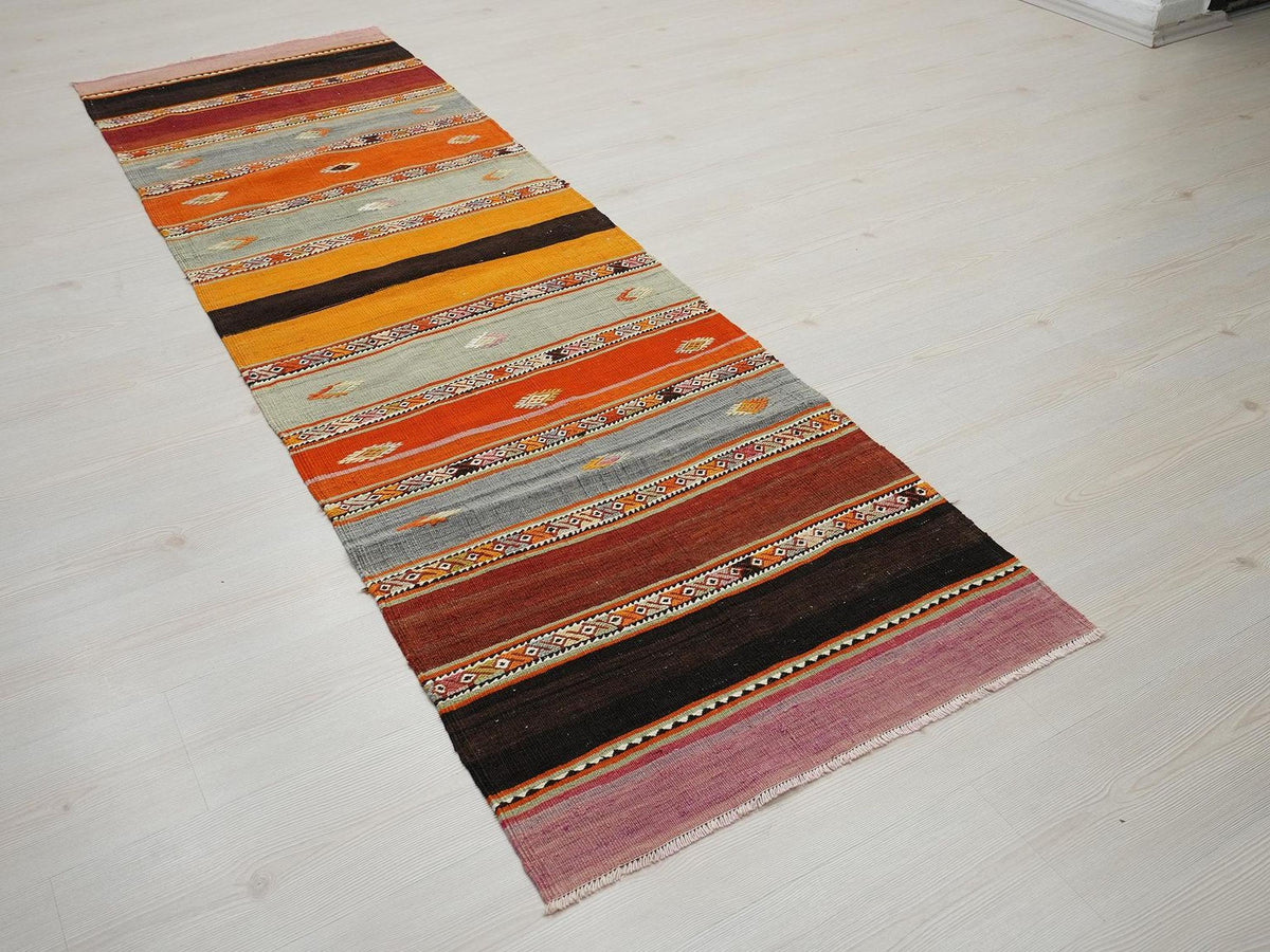 Minimalist Stripe Antique Kilim Rug Runner: Turkish Wool Rugs 2,5x8,4 Ft