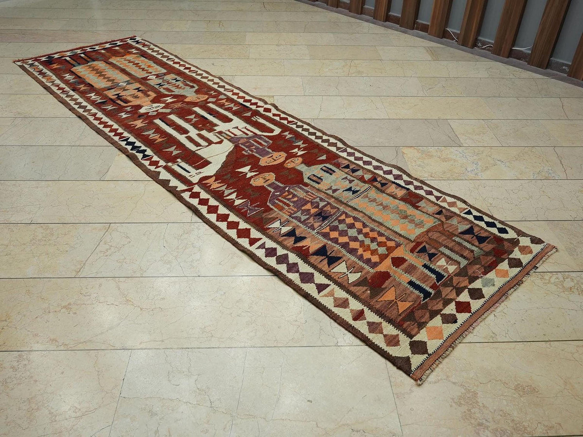 Vintage Turkish Kilim Rug Runner: Horse & Human Design, Wool Flat Woven Rugs,3x11 Feet