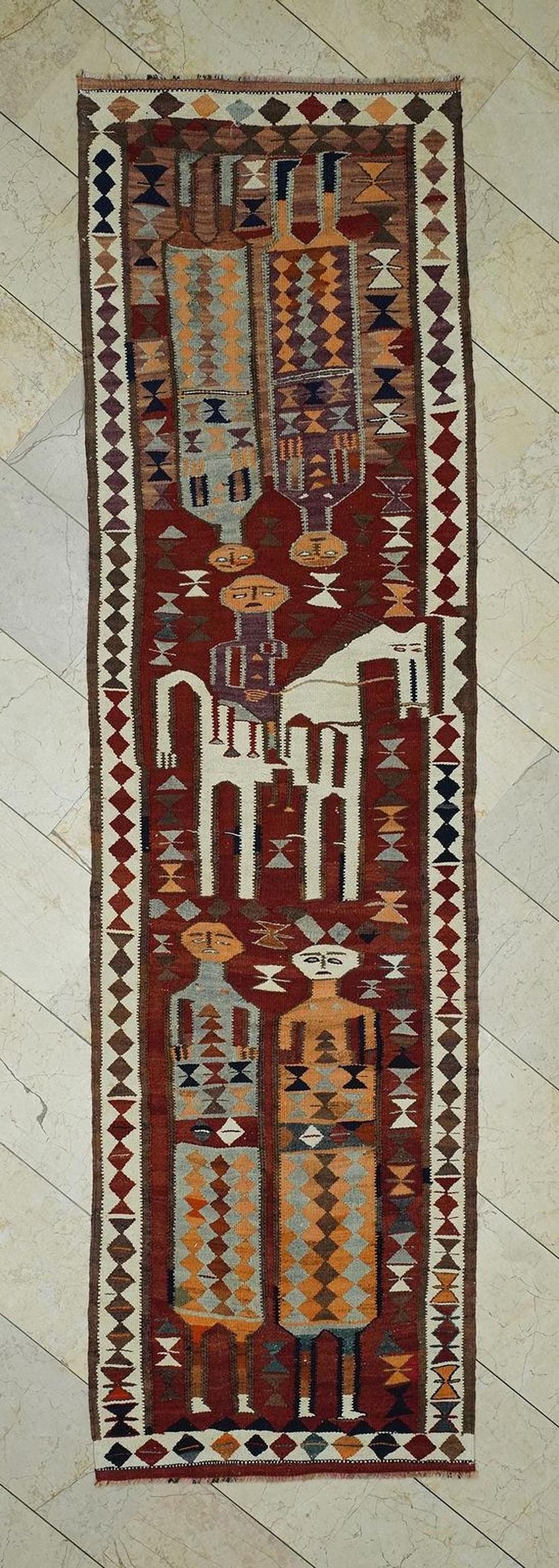 Vintage Turkish Kilim Rug Runner: Horse & Human Design, Wool Flat Woven Rugs,3x11 Feet