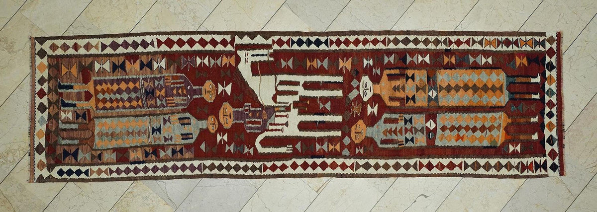 Vintage Turkish Kilim Rug Runner: Horse & Human Design, Wool Flat Woven Rugs,3x11 Feet