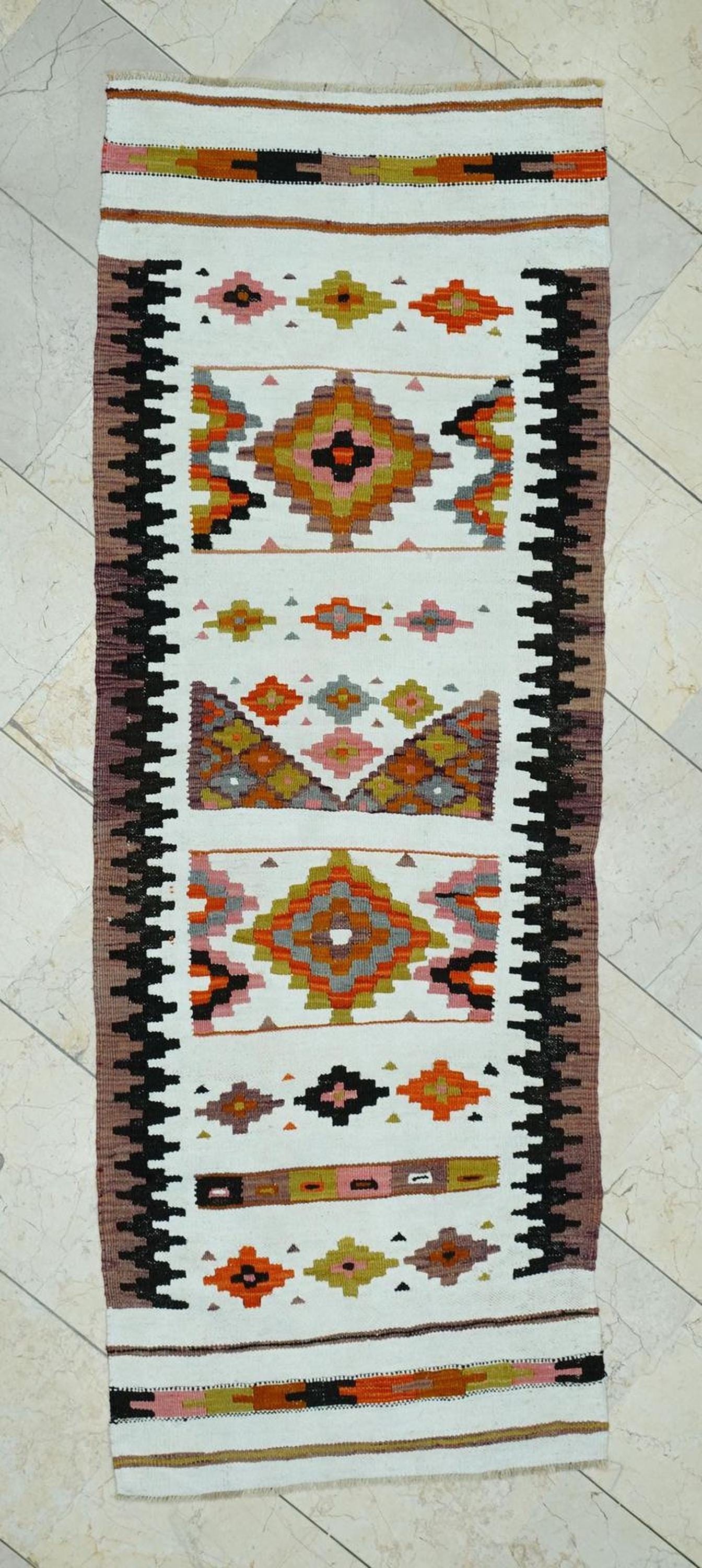 Small Size Tribal Kilim Rug Runner: White & Orange Flat Weave Rugs, 2.4x6.7 ft.