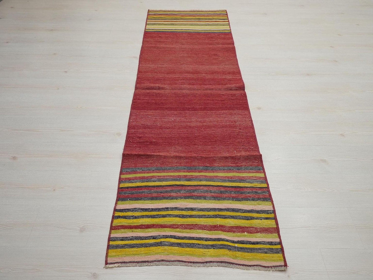 Red Turkish Kilim Rug Runner: Vintage Wool Hallway Decor Rugs,2"x7.8" Feet.