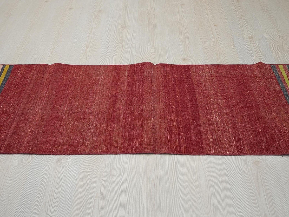 Red Turkish Kilim Rug Runner: Vintage Wool Hallway Decor Rugs,2"x7.8" Feet.