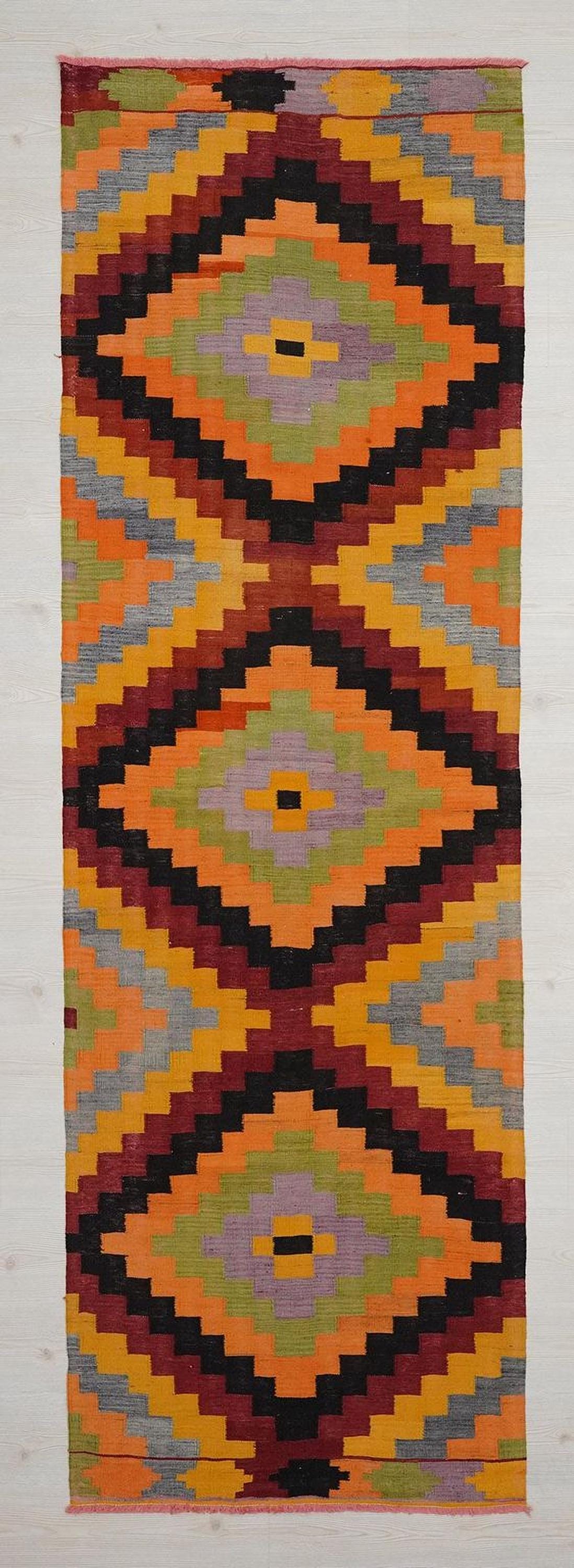 3x10 Vintage Turkish Kilim Rug Runner: Colorful Wool Hallway Decor Rugs.