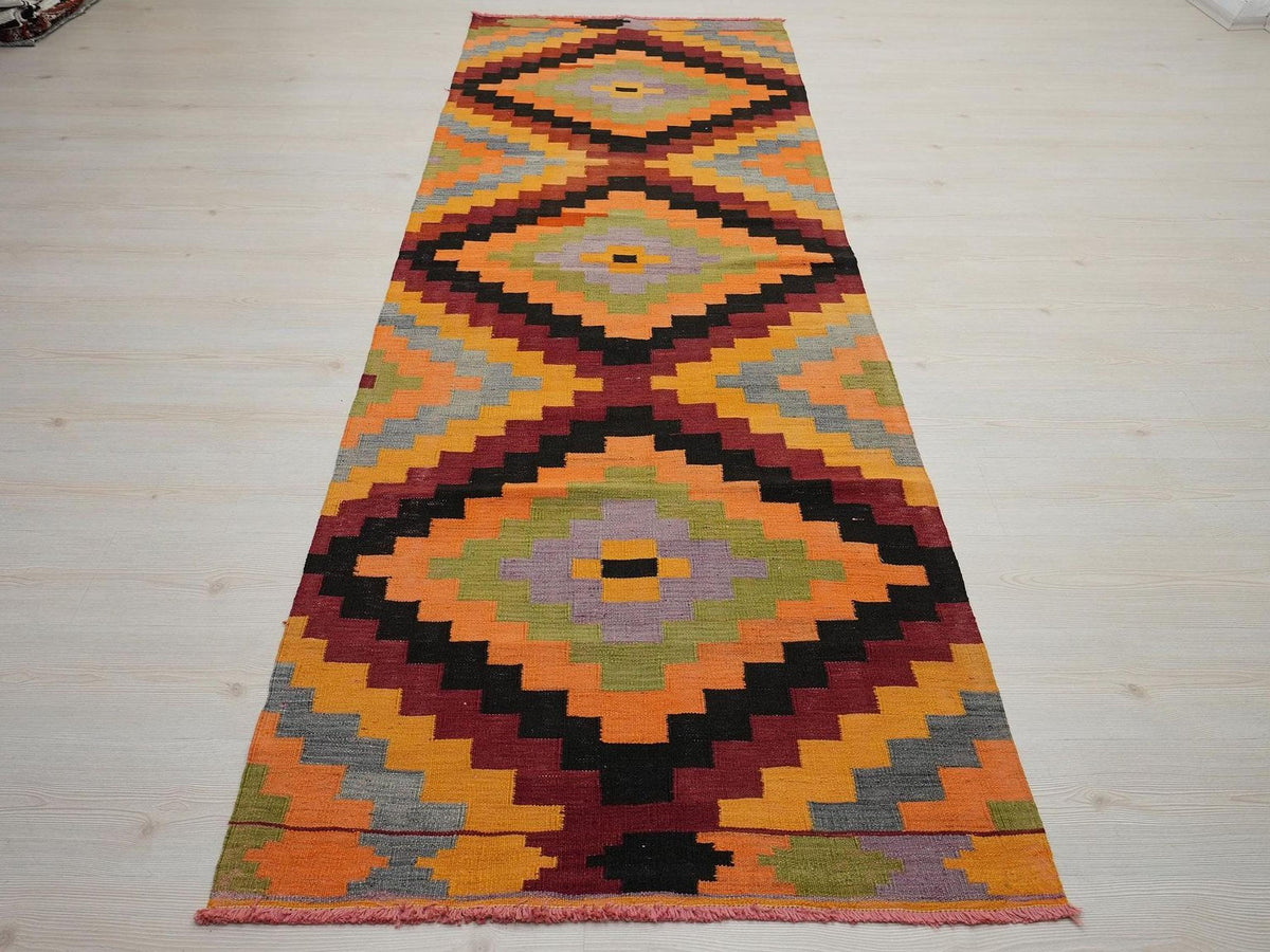 3x10 Vintage Turkish Kilim Rug Runner: Colorful Wool Hallway Decor Rugs.