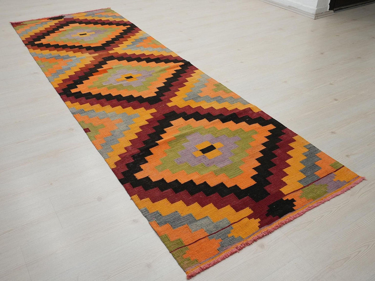 3x10 Vintage Turkish Kilim Rug Runner: Colorful Wool Hallway Decor Rugs.
