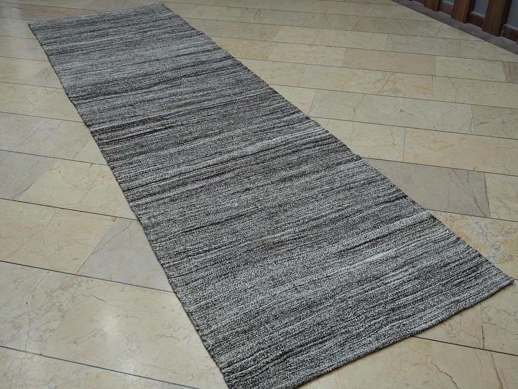 Handwoven Gray Kilim Rug Runner: Cotton Goat Hair Mix (3x10.5 ft)