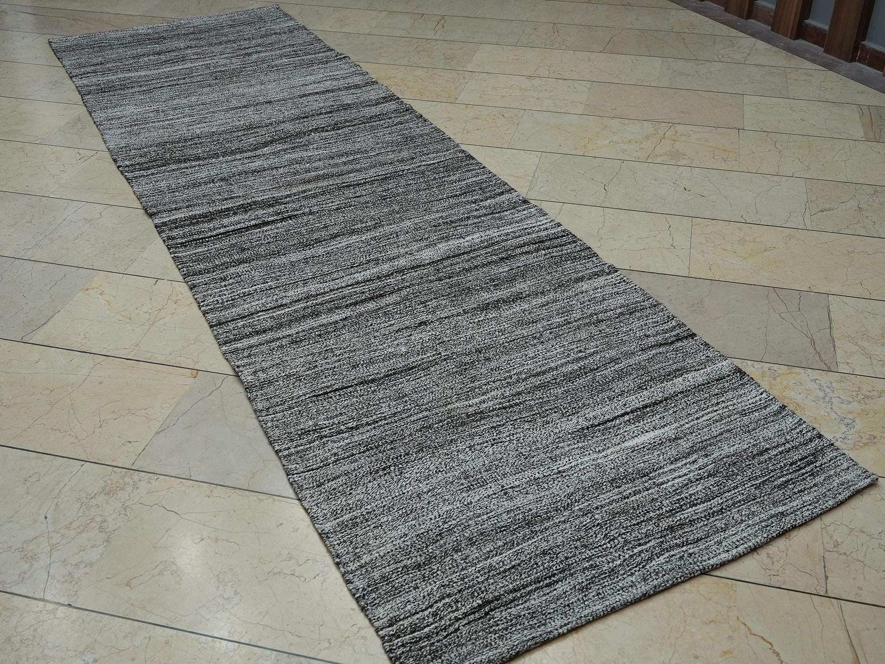 Handwoven Gray Kilim Rug Runner: Cotton Goat Hair Mix (3x10.5 ft)