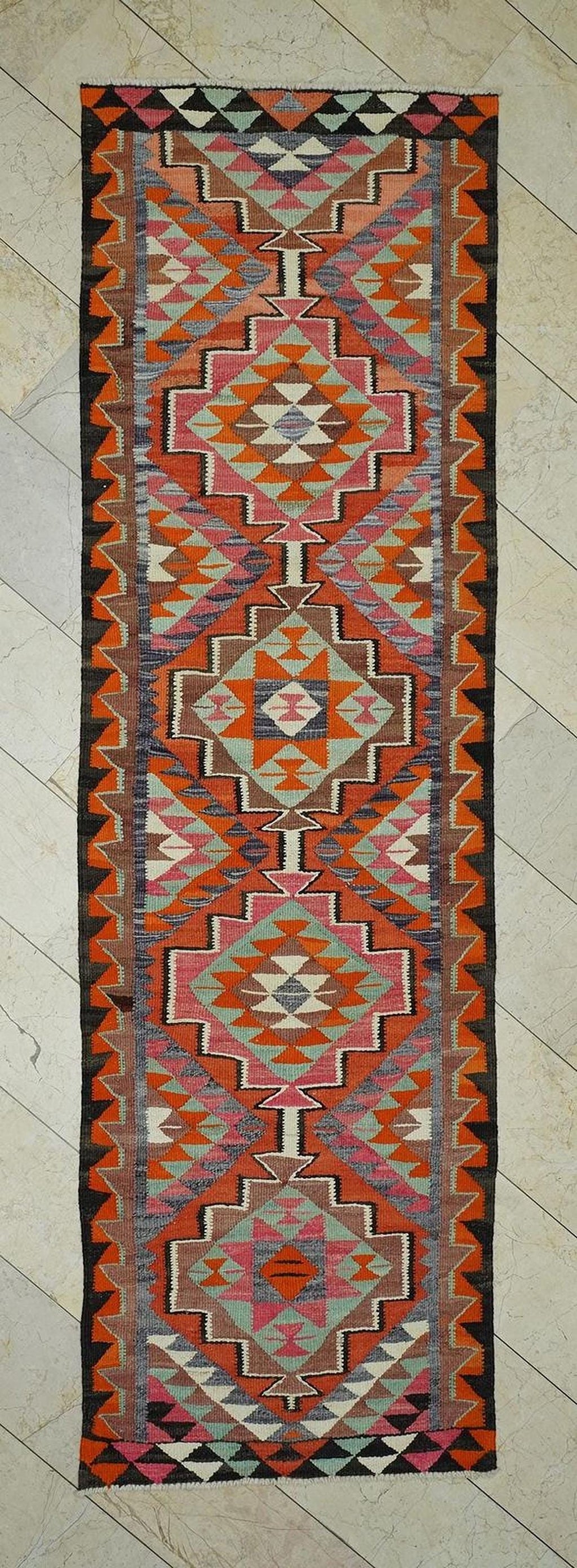 Tribal Pattern Flat Weave Kurdish Kilim Rug Runner: 3.2x10.9 Feet,Colorful Rugs.