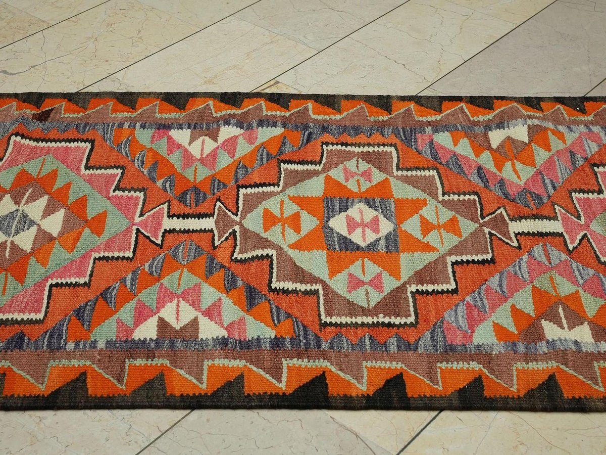 Tribal Pattern Flat Weave Kurdish Kilim Rug Runner: 3.2x10.9 Feet,Colorful Rugs.