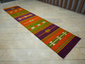 Multi Bright Colors Striped Turkish Kilim Rug Runner: 3X13.6 Feet,Primitive Design Handmade Rugs.