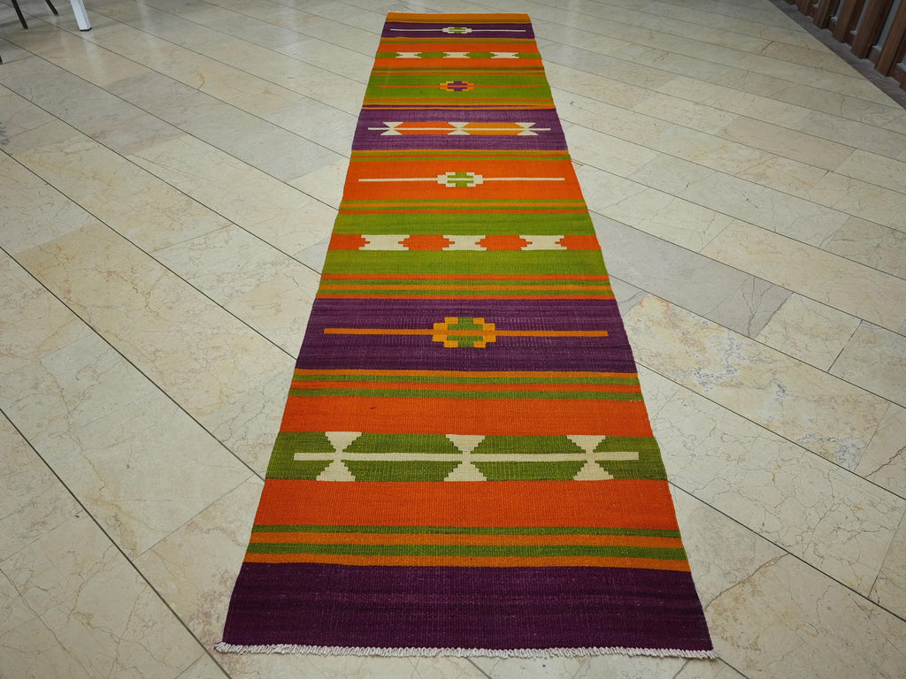 Multi Bright Colors Striped Turkish Kilim Rug Runner: 3X13.6 Feet,Primitive Design Handmade Rugs.