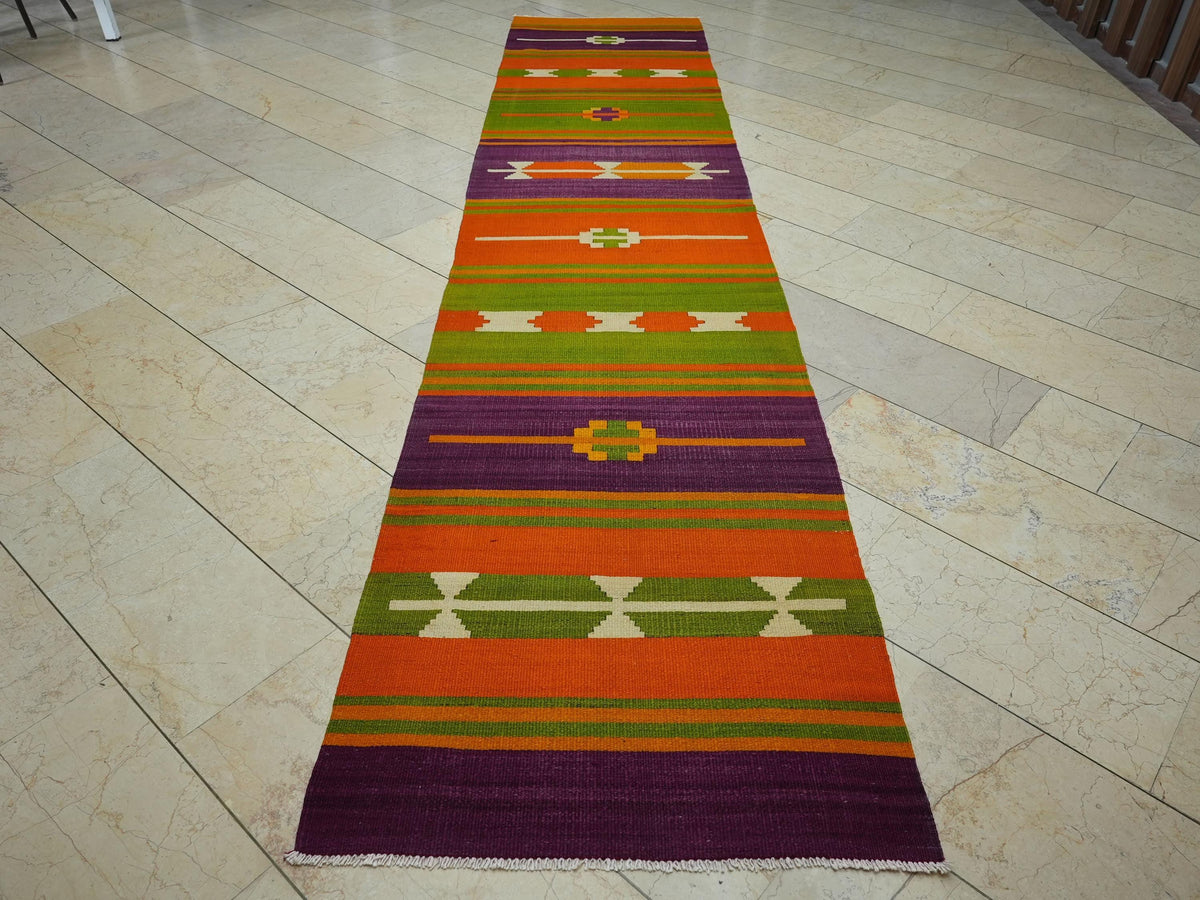 Multi Bright Colors Striped Turkish Kilim Rug Runner: 3X13.6 Feet,Primitive Design Handmade Rugs.